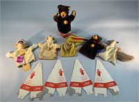 6 Steiff Puppets - 5 Cardboard Stands