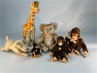 6 Steiff Animals - 3 Monkeys, Giraffe, Koala