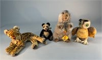 4 Steiff Animals - Owl, Cheetah, Panda