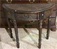 Wicker and wood style demilune side table with