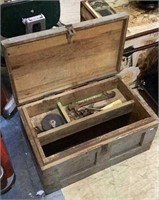 Antique wooden tradesman tool box with metal