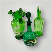 3 Green Glass gold ewer & bottle  Overlay Decanter