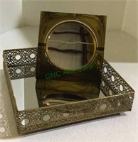 Vintage mirrored bottom gold tone metal square