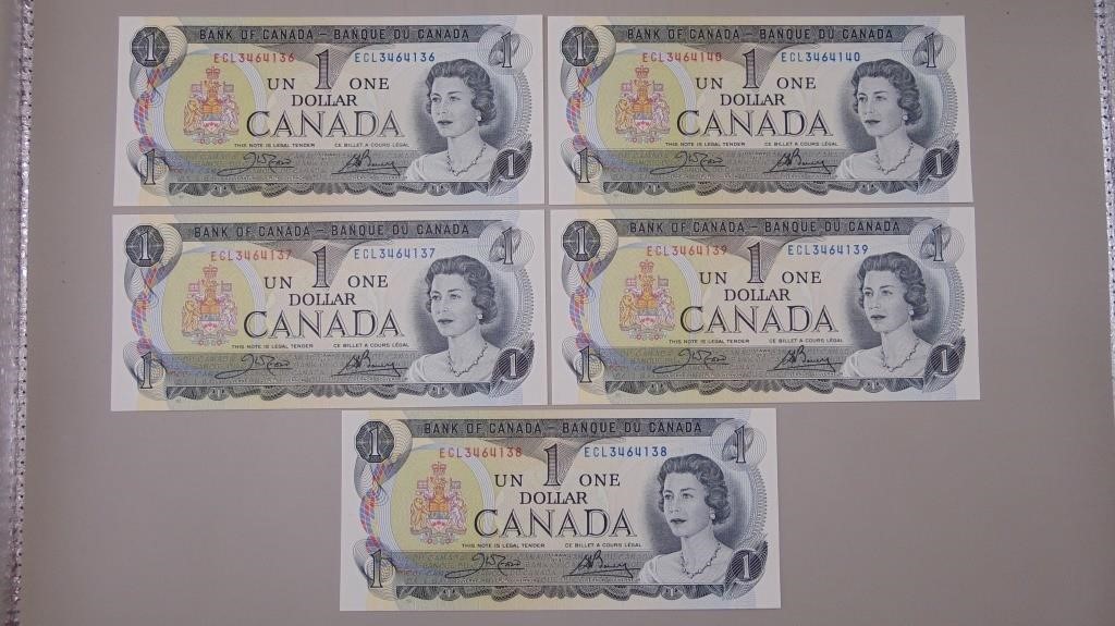 1973 Last Year Of The $1.00 Note 5 Consecutive ,
