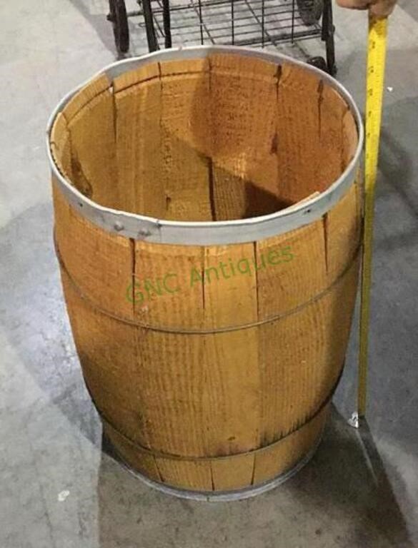 Wooden nail keg barrel measuring 19 inches tall