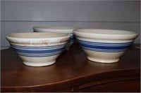 3 Blue striped pottery nesting bowls (1 has chip)