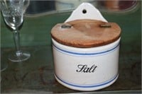 Stoneware pottery hanging salt box with wooden
