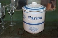 Stoneware pottery Farina lidded jar (damage to