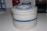 Stoneware pottery crock with blue stripes with