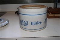 Stoneware pottery butter crock with bale handle