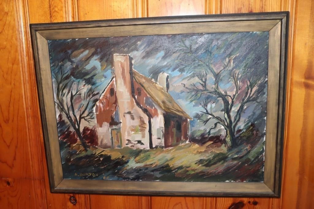 Painting titled "Deserted" of a house and trees