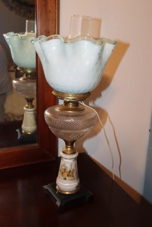 Oil lamp converted to electric with blue glass