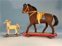 2 Antique Horse Toys on Wheels