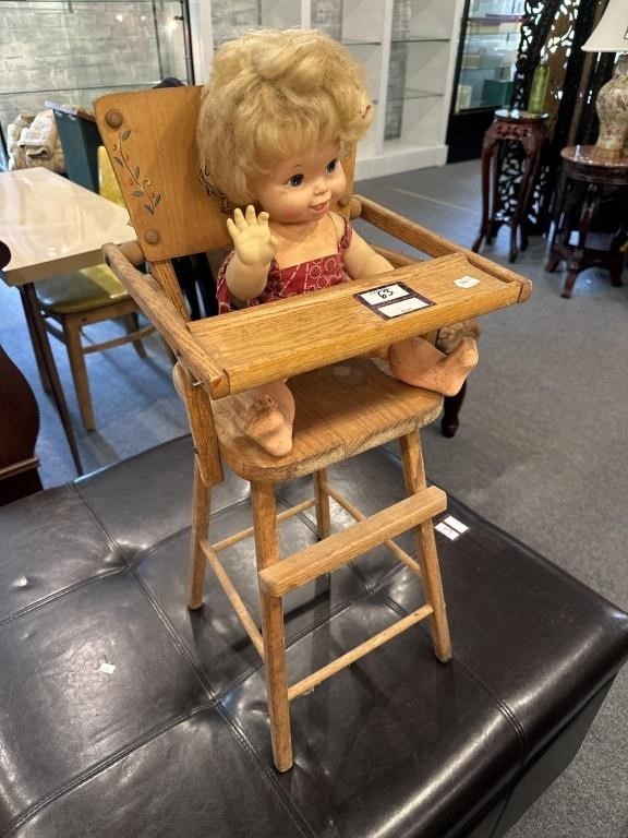 Wooden doll, highchair, and doll and rocker