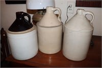 3 Stoneware pottery whiskey jugs - brown & tan