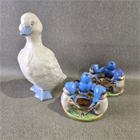 Ceramic Duck Figurine w/ Bluebird Candle Holders