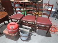2 METAL FUEL CANS, MOP BUCKET,3 WOOD FOLDING CHAIR