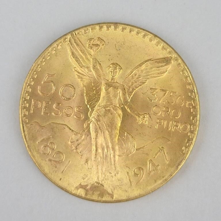 1947 Fine Gold Fifty Pesos Coin.