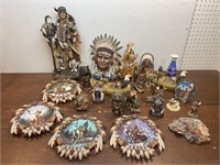 Box lot of Native American figures, pottery case,