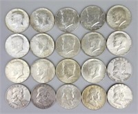 20 90% Silver Kennedy & Franklin Half Dollars.