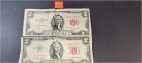 (2) Two Dollar Bills 1953 A Red Seal & 1953