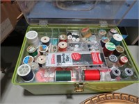 BOX FULL OF THREAD AND SEWING ITEMS