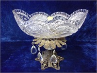 Hollywood Regency Footed Crystal Bowl with Lusters