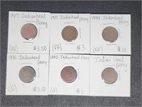 Lot of 6 Indian Head Pennies: 1882, 1890, 1894, &