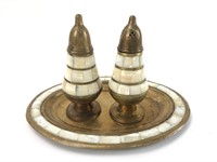 Brass salt and pepper set with tray, mother of