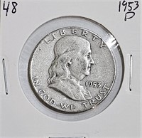 1953 D 90% Silver Franklin Half Dollar