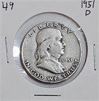 1951 D 90% Silver Franklin Half Dollar