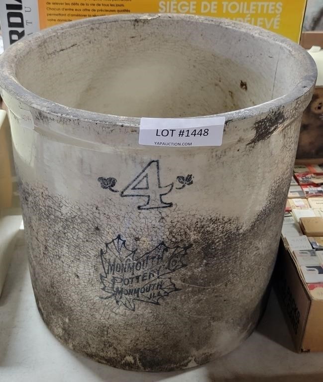 4 GALLON MONMOUTH POTTERY CROCK (CRACKED)
