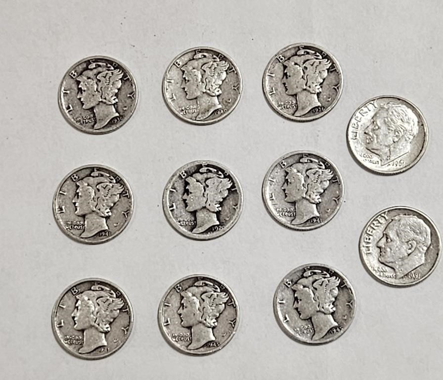 Lot Of 9 Early 1900s 90% Silver Mercury Dimes & 2