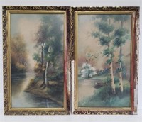 Pair of vintage signed watercolor landscape