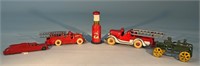 4 Antiq Cast Iron Metal Fire Dept & Gas Pump Toys