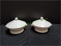 (2)White Serving Bowl w/Walnut/Leaf Lid on Top