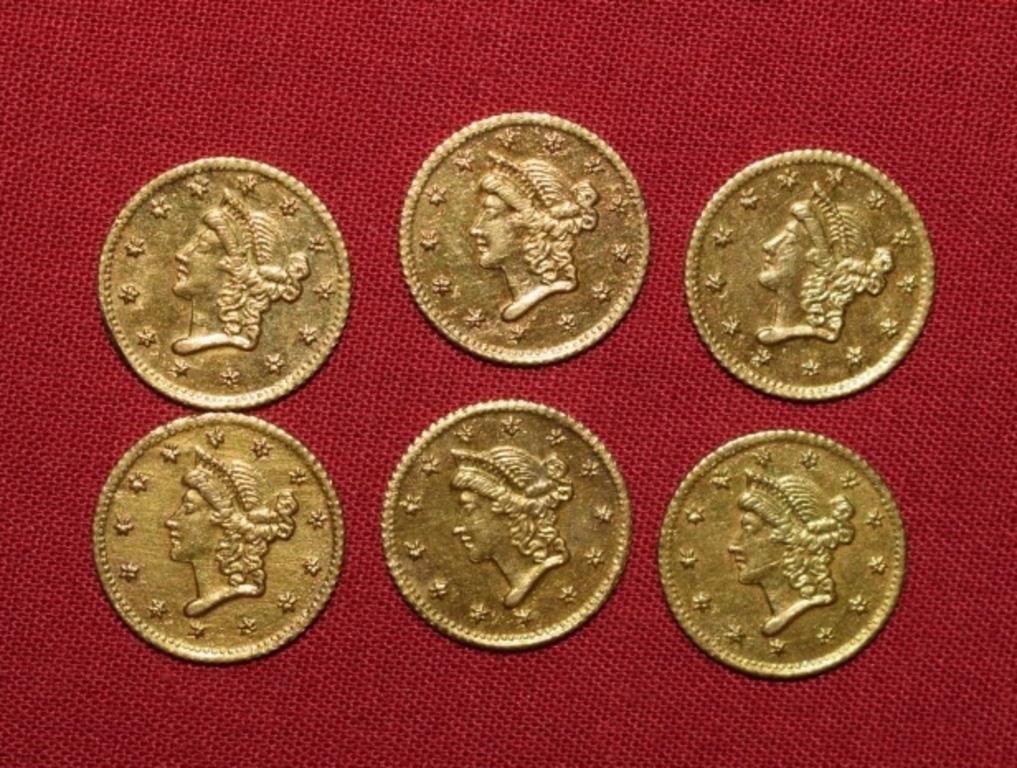 (6) Liberty Head 1853 Gold Coins. May be Copies.