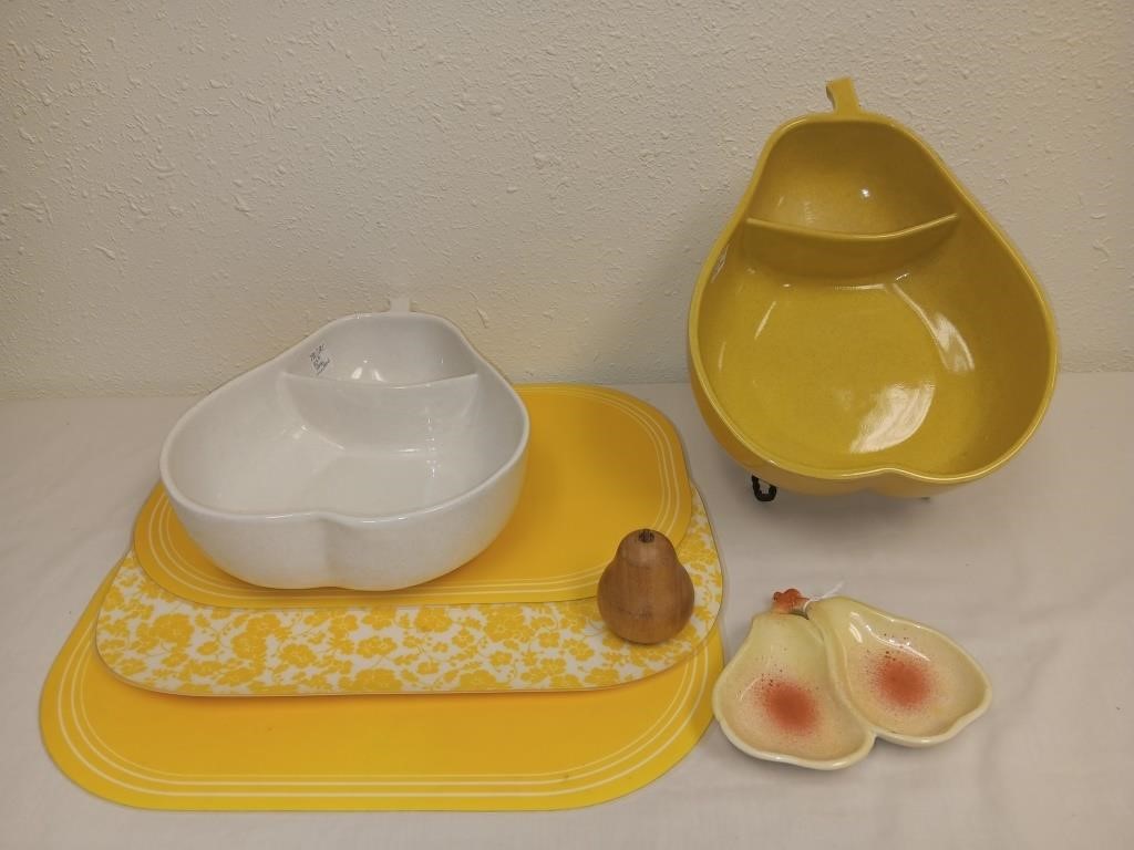 USA Pottery-(2) Divided Pear Bowls,Pear Spoon Rest