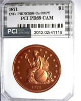1871 $1 PCI PR69 CAM Indian Princess Copper Copy
