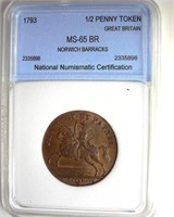 1793 1/2 Penny Token NNC MS65BR Norwich Barracks