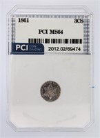 1861 3c Silver MS64 LISTS $750