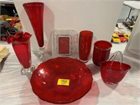 GROUP OF RED GLASS VASES, ART GLASS PURSE,