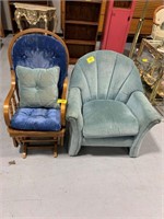 BLUE UPHOLSTERED ACCENT CHAIR, WOODEN GLIDER