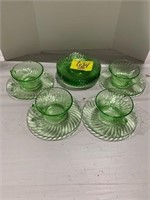 GREEN URANIUM GLASS SET OF SWIRL CUPS & SAUCERS