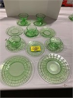GREEN URANIUM GLASS CUPS & SAUCERS, PLATES &