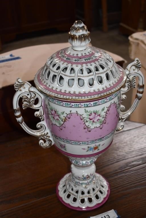 Vintage Lidded Pink Floral Potpourri Vase