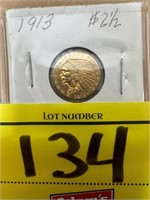 1913 INDIAN HEAD, 2 1/2 DOLLAR GOLD PIECE