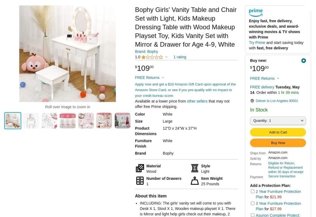 B9867  Bophy Girls' Vanity Table & Chair Set, Whit