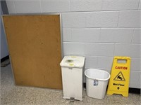 2 Waste Baskets / Wet Floor Signs / Cork Board