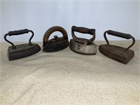 Vintage cast sad irons, 2 cast, 2 wooden handles